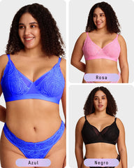 Brasier Tallas Grandes de Encaje y Malla con Varilla y Cobertura Total