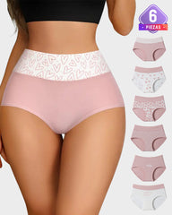 Paquete de 6 Panties de Algodón Suave con Estampado de Corazones y Cintura Alta
