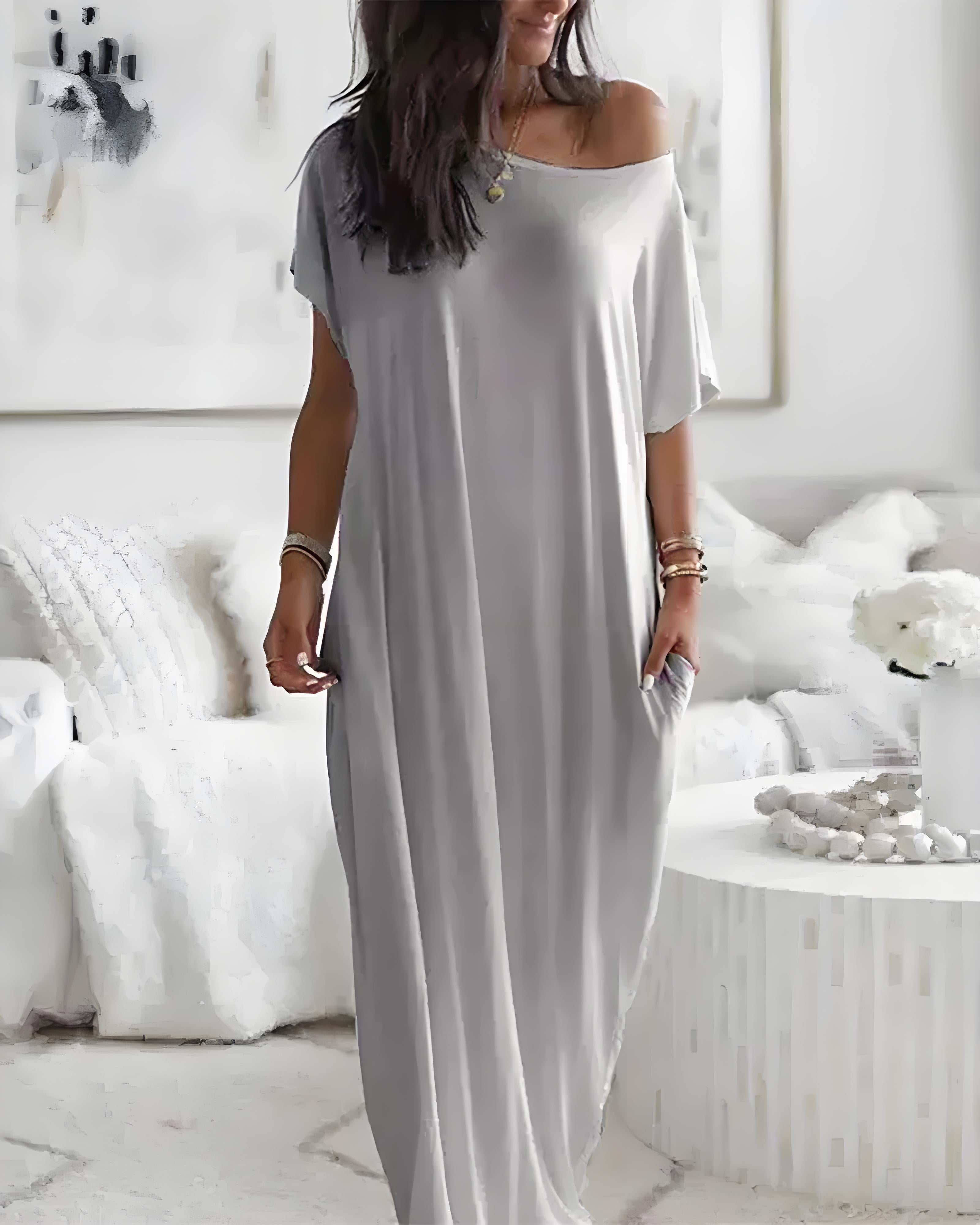 Vestido Largo con Hombros Descubiertos y Mangas Murciélago