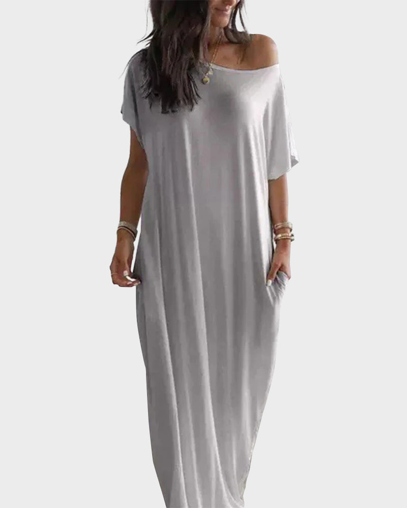 Vestido Largo con Hombros Descubiertos y Mangas Murciélago