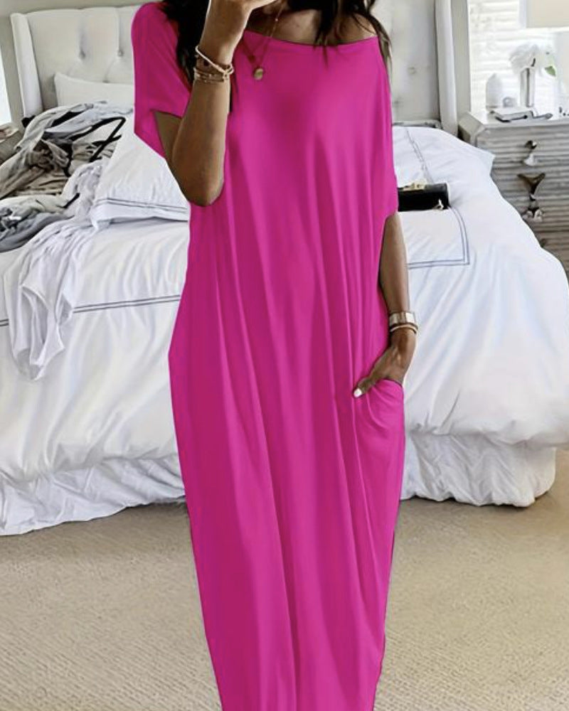 Vestido Largo con Hombros Descubiertos y Mangas Murciélago