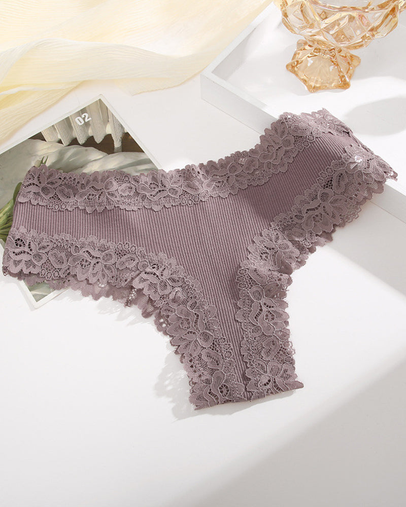 Paquete de 9 Panties de algodón acanalado con encaje de talle medio