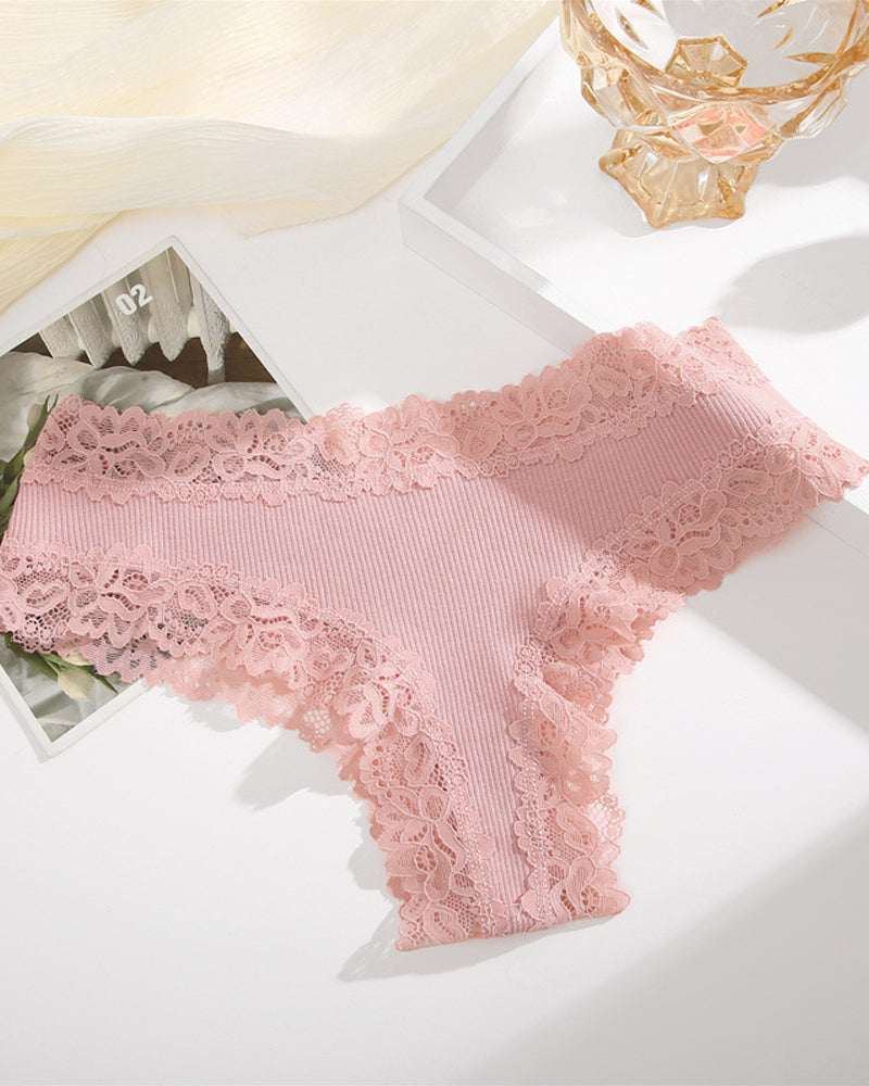 Paquete de 9 Panties de algodón acanalado con encaje de talle medio
