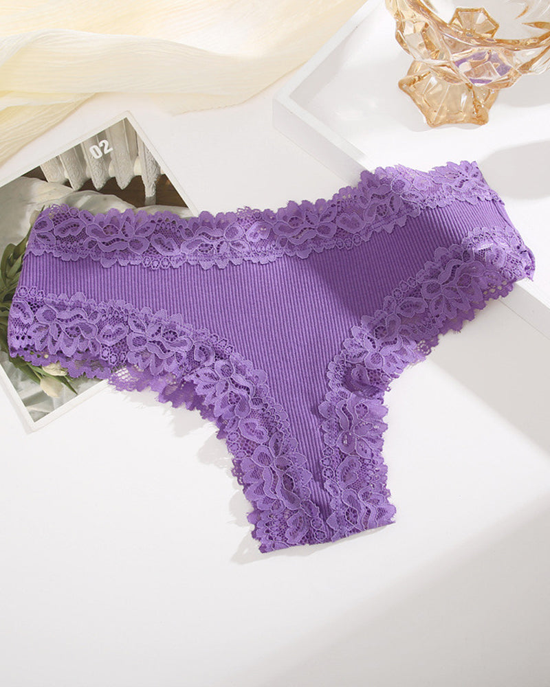 Paquete de 9 Panties de algodón acanalado con encaje de talle medio