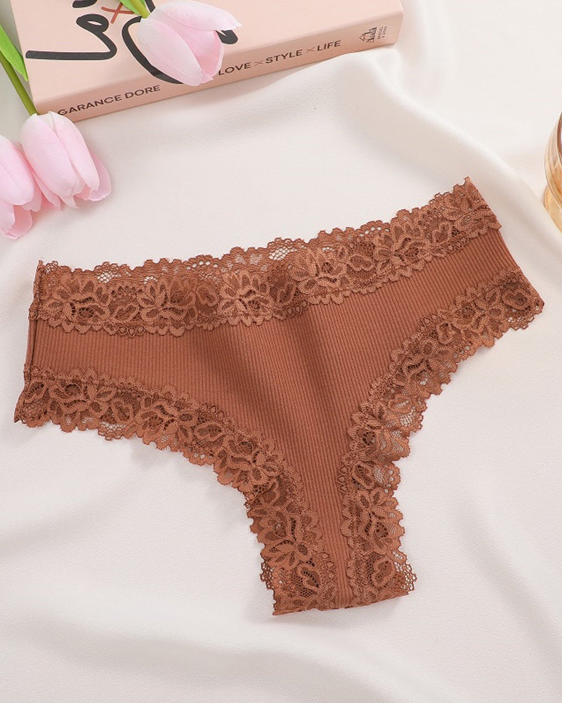 Paquete de 9 Panties de algodón acanalado con encaje de talle medio