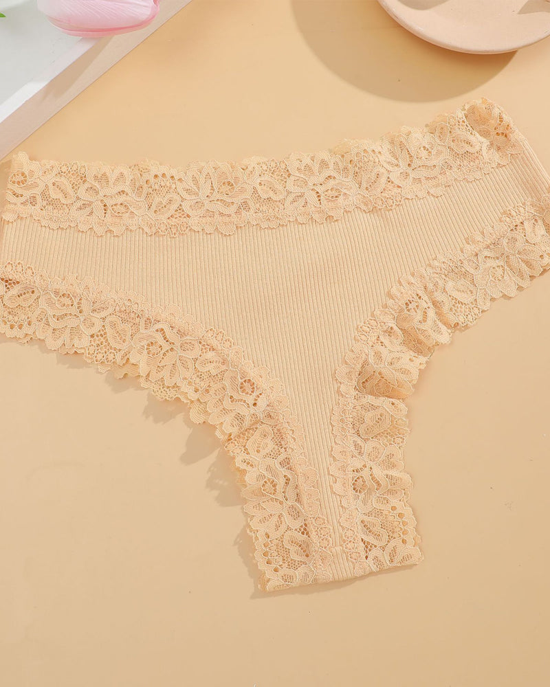 Paquete de 9 Panties de algodón acanalado con encaje de talle medio