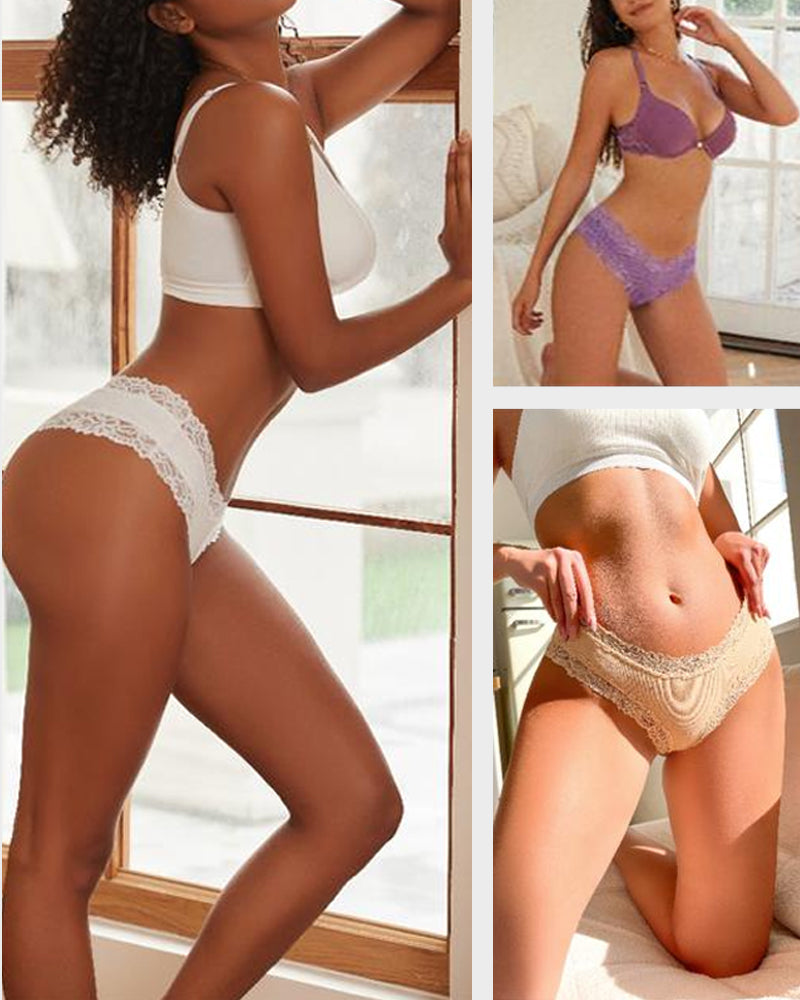 Paquete de 9 Panties de algodón acanalado con encaje de talle medio