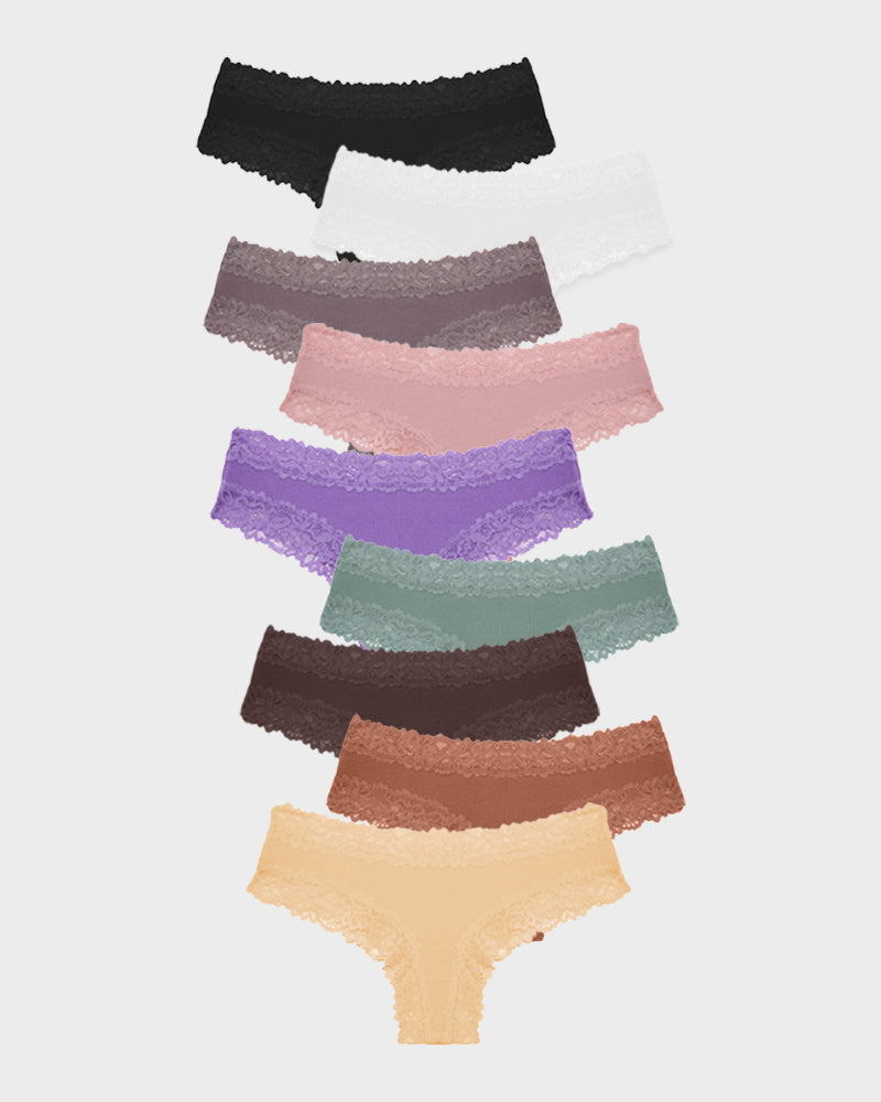 Paquete de 9 Panties de algodón acanalado con encaje de talle medio
