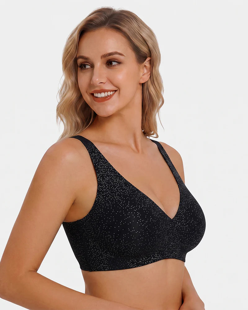 Brasier sin varilla push up para mujer, escote profundo en v, tirantes anchos, moldea la espalda, cómodo y sin costuras