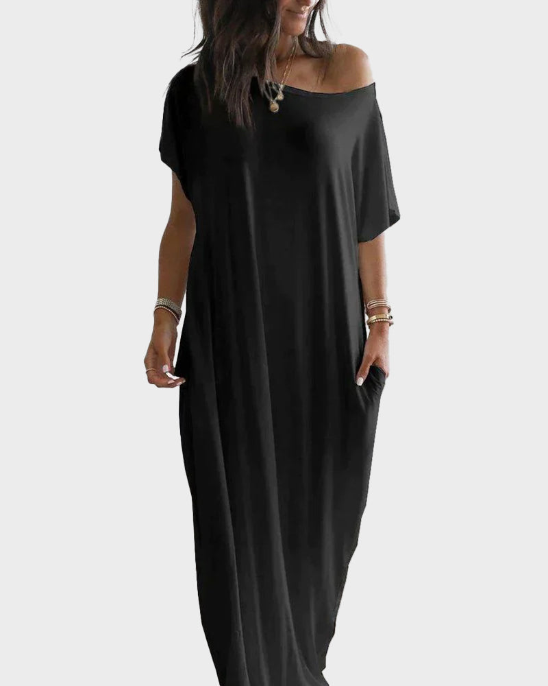 Vestido Largo con Hombros Descubiertos y Mangas Murciélago