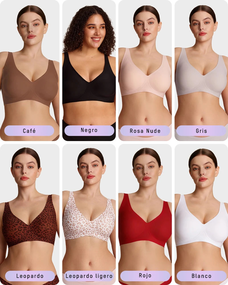 Brasier sin varilla push up para mujer, escote profundo en v, tirantes anchos, moldea la espalda, cómodo y sin costuras