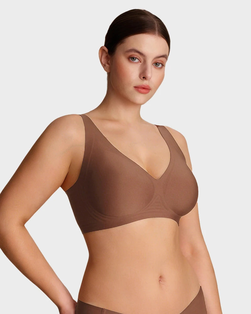 Brasier sin varilla push up para mujer, escote profundo en v, tirantes anchos, moldea la espalda, cómodo y sin costuras