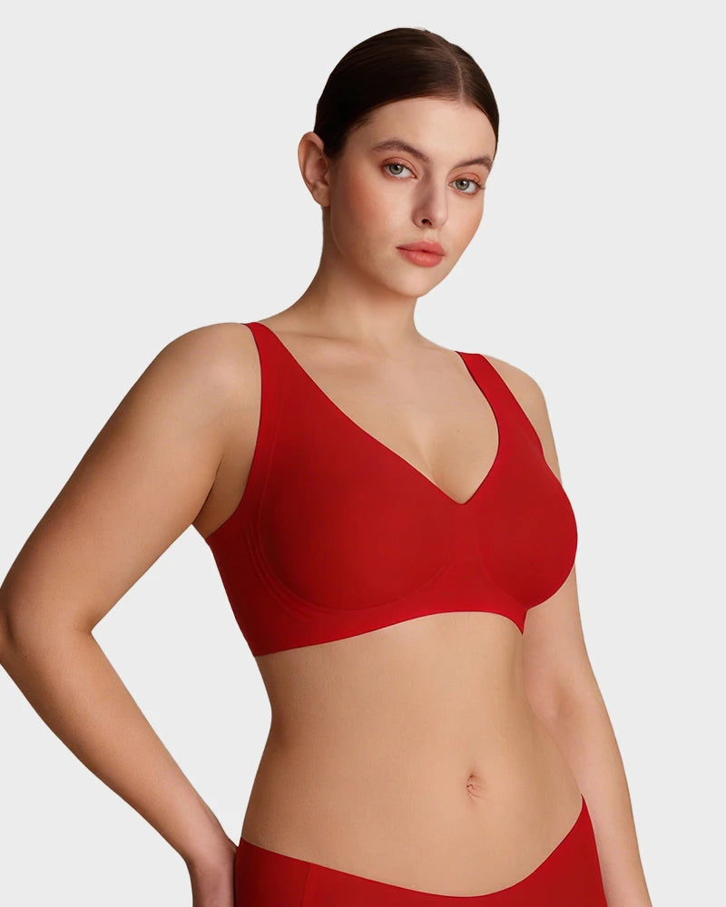 Brasier sin varilla push up para mujer, escote profundo en v, tirantes anchos, moldea la espalda, cómodo y sin costuras