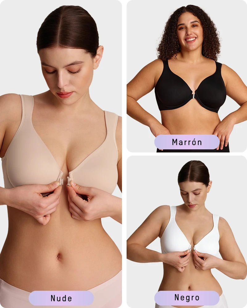 Brasier con Cierre Frontal, Aros Acolchados y Cobertura Total que Moldea y Suaviza la Espalda