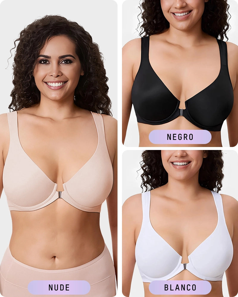 Brasier con Cierre Frontal, Aros Acolchados y Cobertura Total que Moldea y Suaviza la Espalda