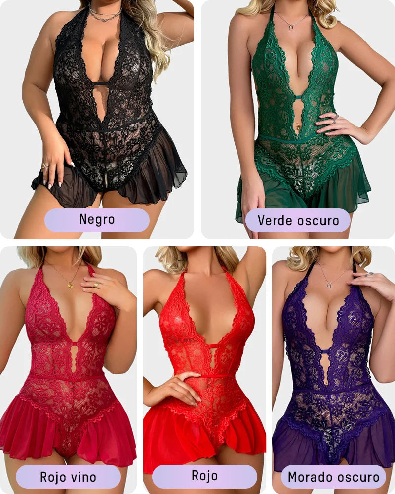 Teddy de Encaje con Cuello Halter y Falda Transparente