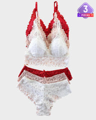 Conjuntos de Encaje Romántico con Bra Triangular y Panty(Paquete de 3)