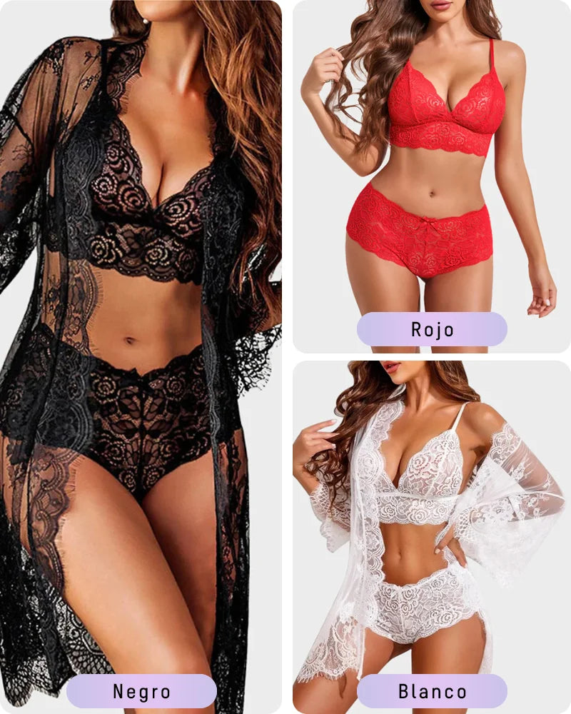 Conjunto de pijama sexy de encaje floral transparente de 3 piezas