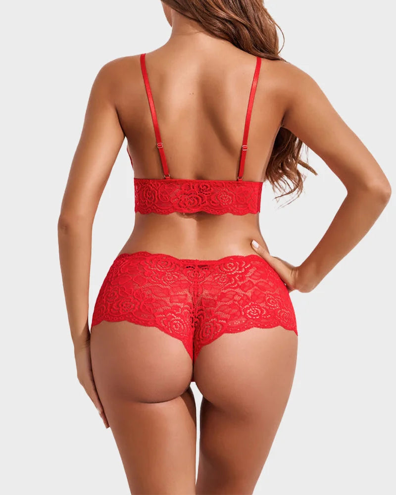 Conjunto de pijama sexy de encaje floral transparente de 3 piezas