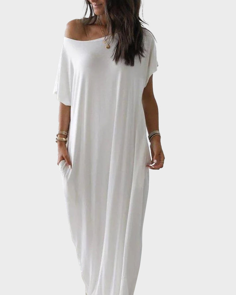 Vestido Largo con Hombros Descubiertos y Mangas Murciélago
